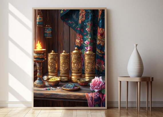 Four Golden Tibetan Prayer Wheels with Candle on Wooden Table Poster