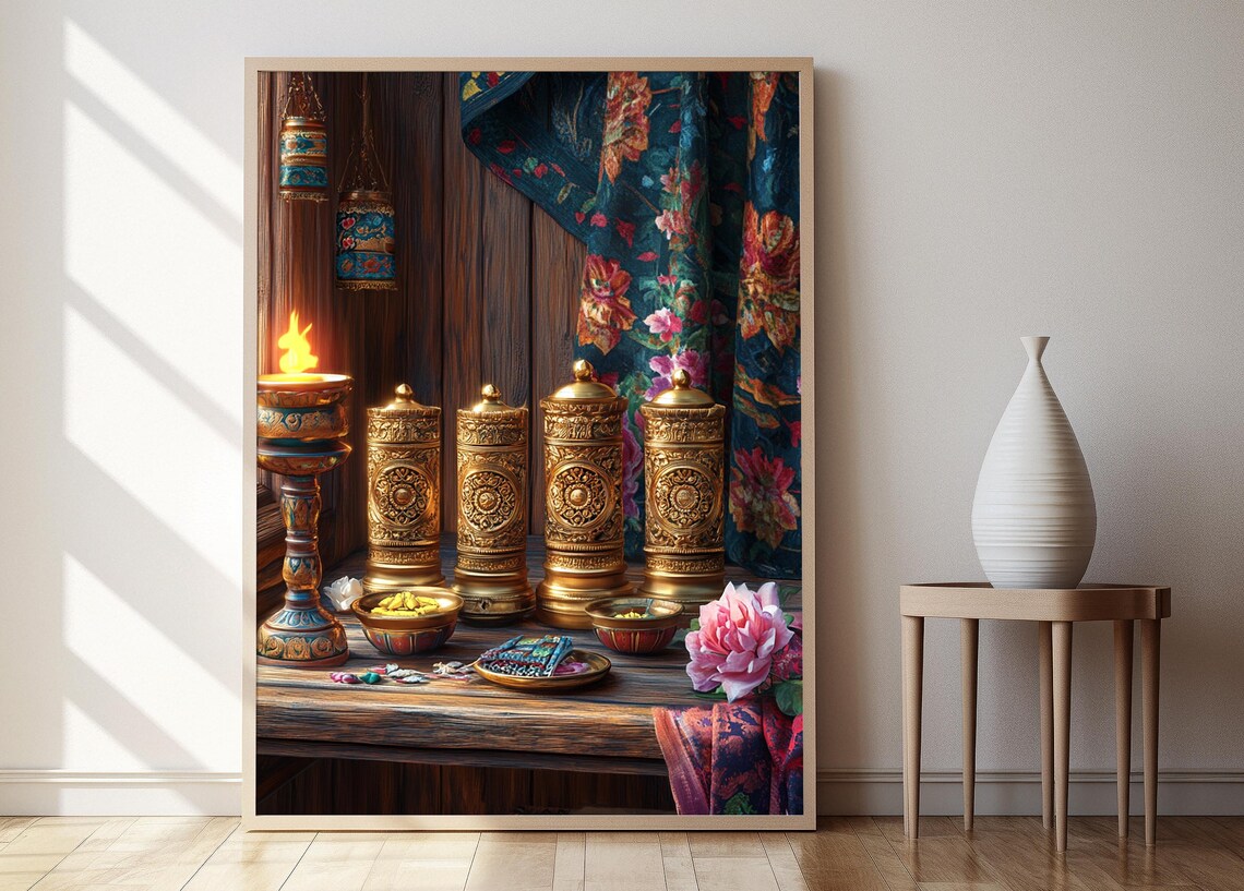Four Golden Tibetan Prayer Wheels with Candle on Wooden Table Poster