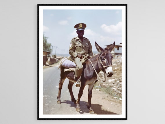 Funny Ethiopian Police Officer On Donkey Art Print Unique African Wall Decor Whimsical Police Officer