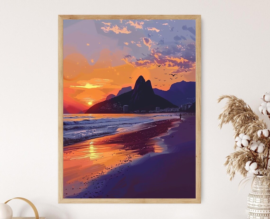 Sunset Over Ipanema Beach Illustration, Brazilian Beachscape