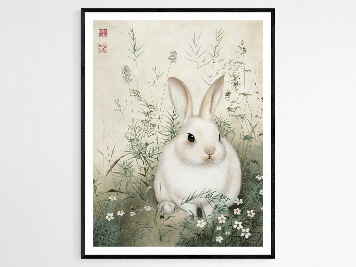 White Rabbit in Wildflowers East Asian Ink Painting Art Poster