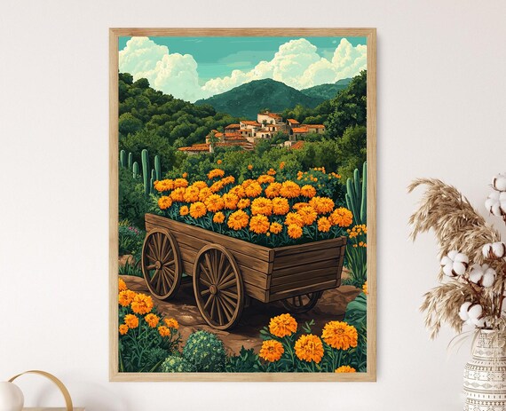 Wooden Cart of Orange Marigolds in Sunny Mexican Village Poster