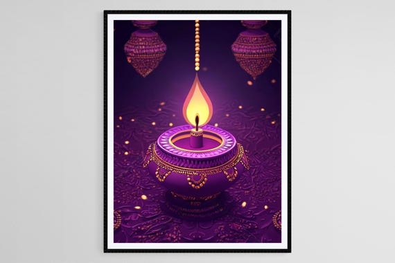 Diwali Lamp Art Print Festive Purple Diya Illustration Indian Festival Decor