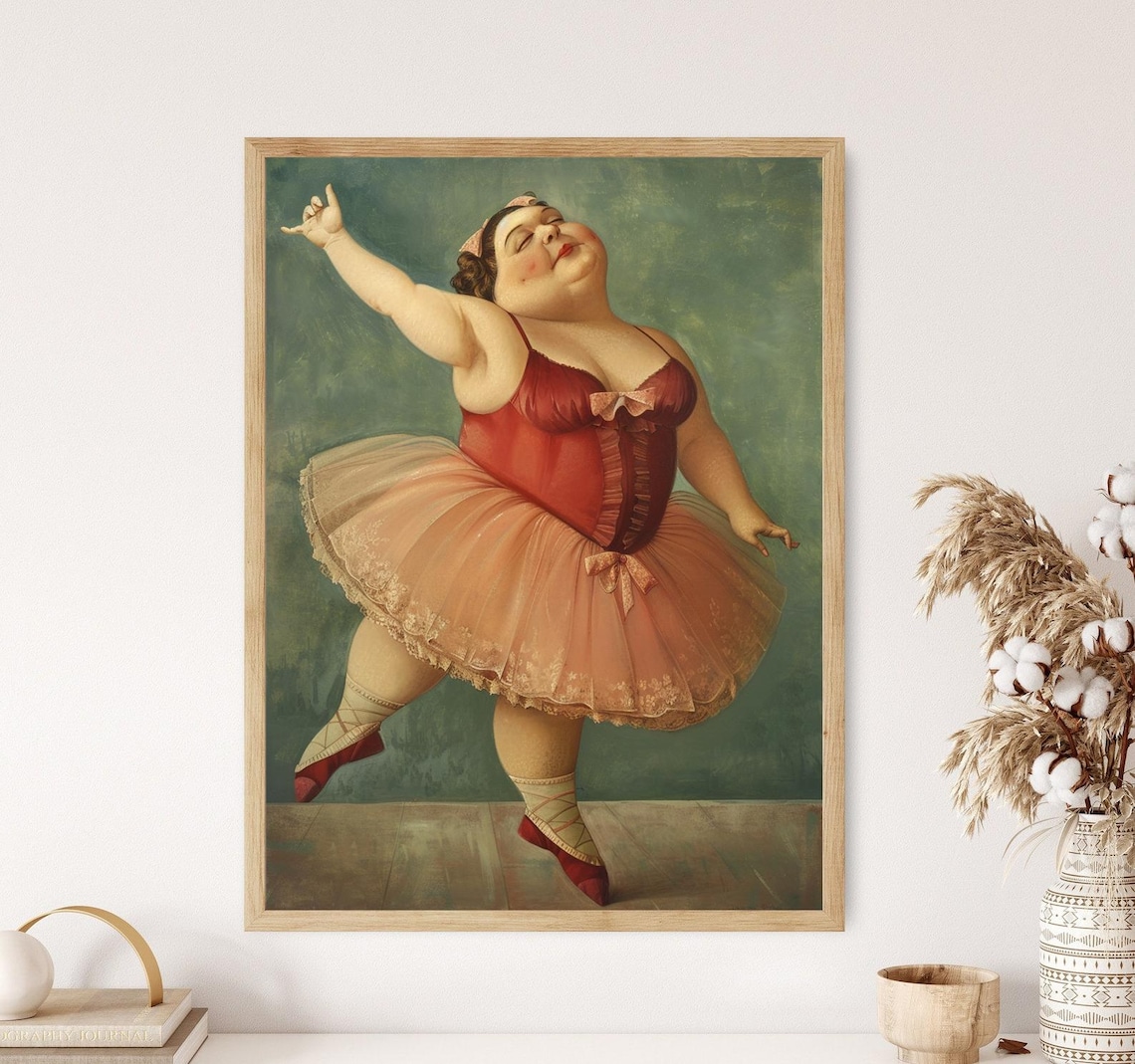 Joyful Body Positive Curvy Ballerina In Pink Tutu Dancing Art Poster
