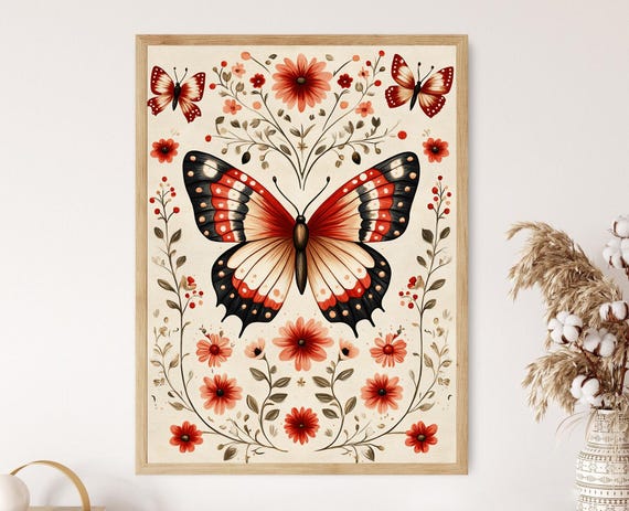 Redwork Butterfly Illustration Farmhouse Folk Art Traditional Embroidery Print