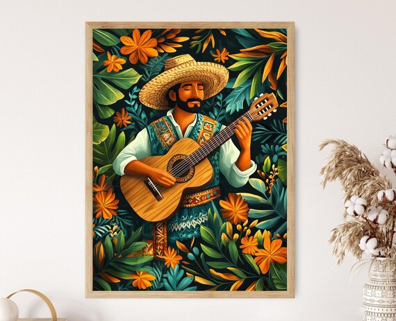Honduran Guitarist In Straw Hat Playing Guitar Jungle Scene Poster