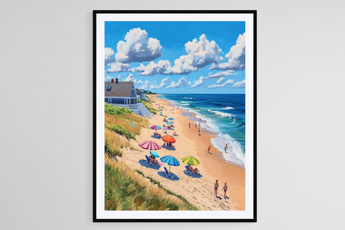 Nantucket Beach Scene, Colorful Umbrellas And Ocean Waves