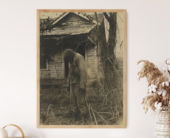 Antique Sepia Horror Photo of Masked Figure by Decaying House Poster