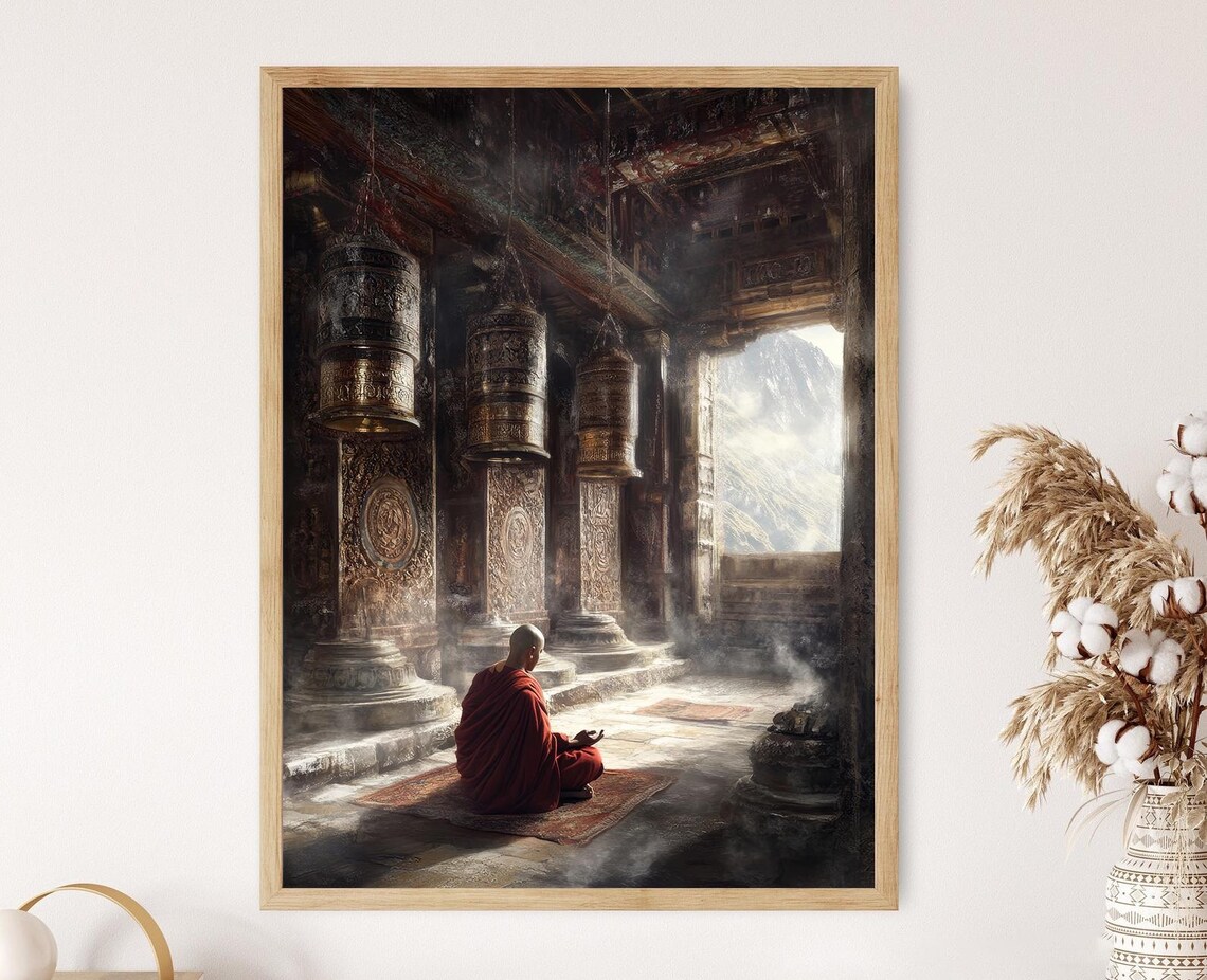Buddhist Monk Meditation Art Print, Nepali Monastery Scene