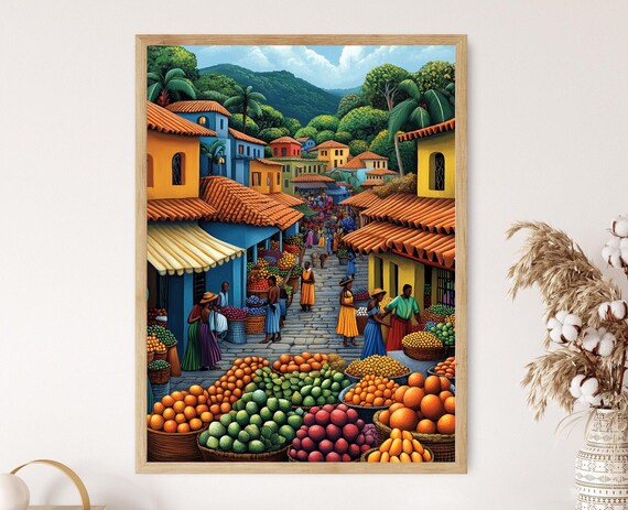 Malawi Marketplace Illustration Colorful Farm Market Painting African Fruit Art Wall Art For Kitchen African Restaurant Decor