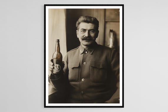 Joseph Stalin Holding Beer Bottle Funny Vintage Photo Print