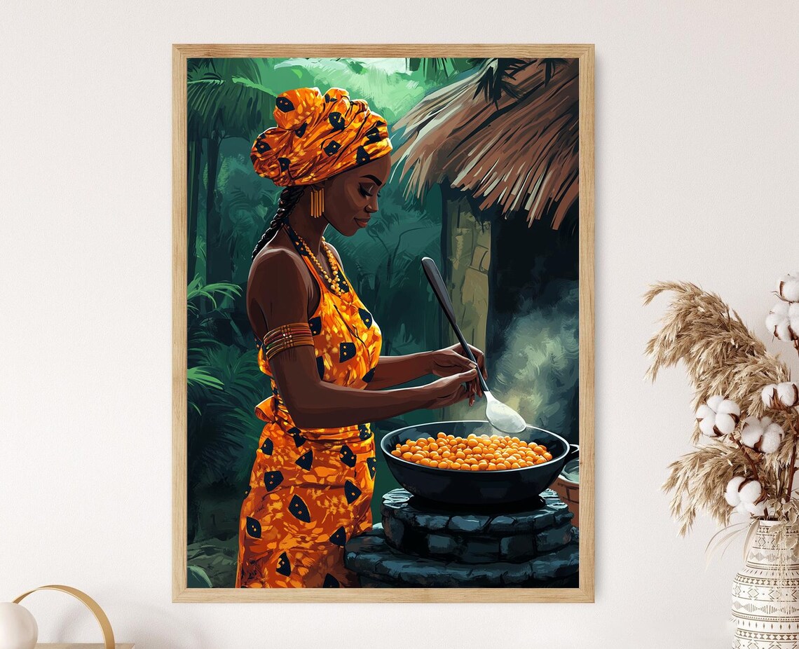 Nigerian Woman Cooking Akara Art Print Traditional African Kitchen Market Scene Decor