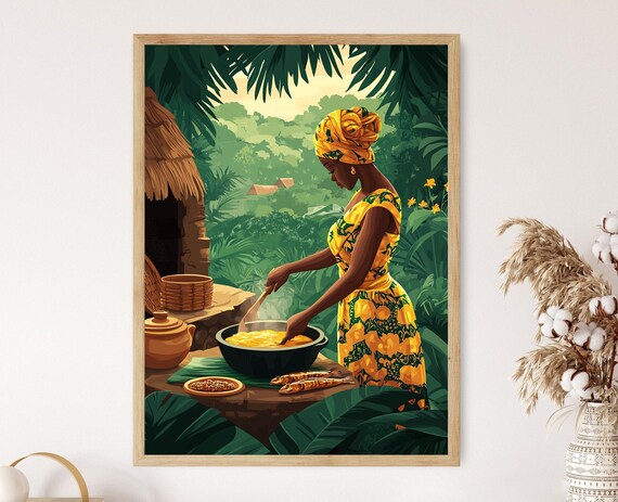 Ghanaian Woman Cooking Banku Art Print Traditional Outdoor Kitchen African Cuisine Decor
