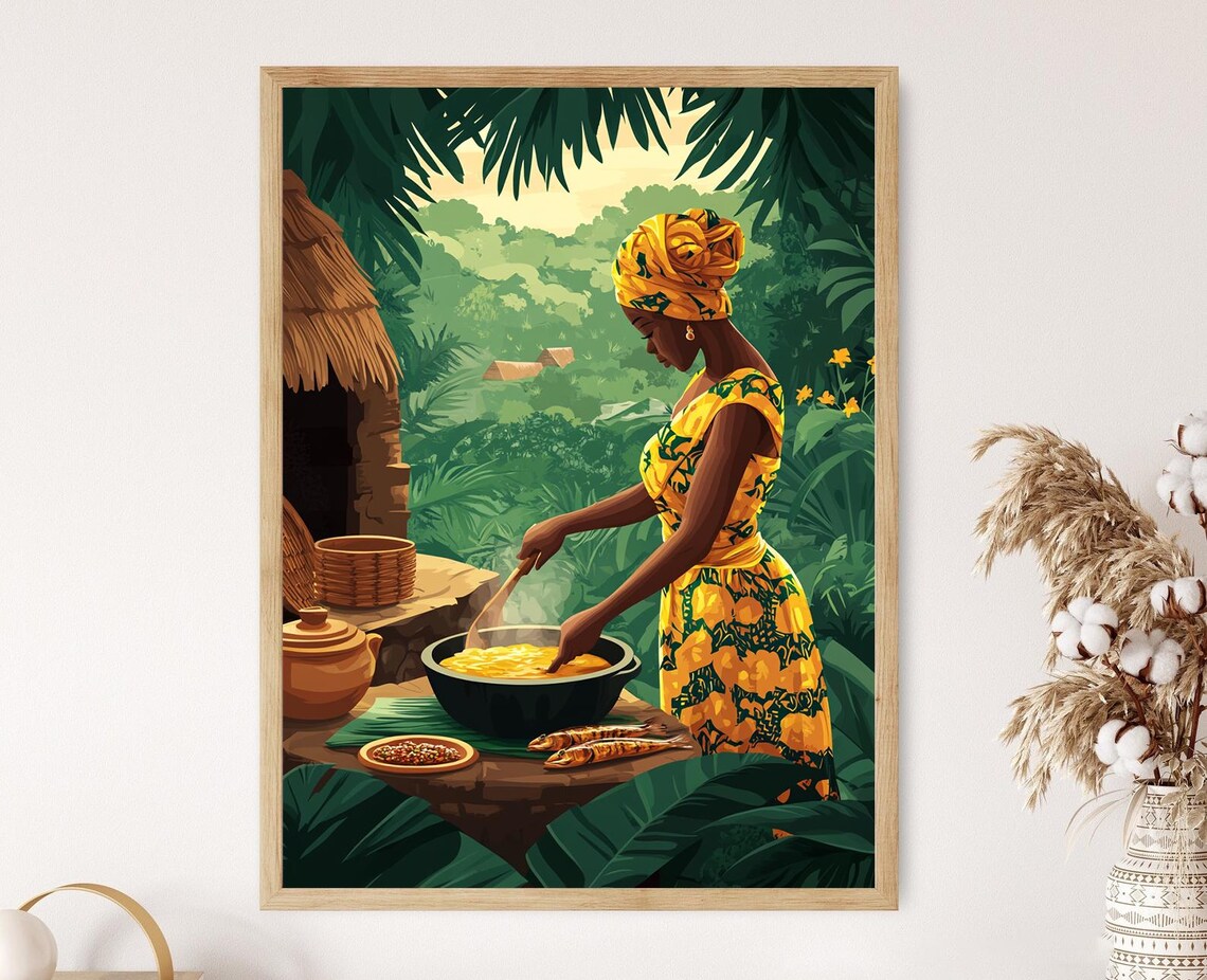 Ghanaian Woman Cooking Banku Art Print Traditional Outdoor Kitchen African Cuisine Decor