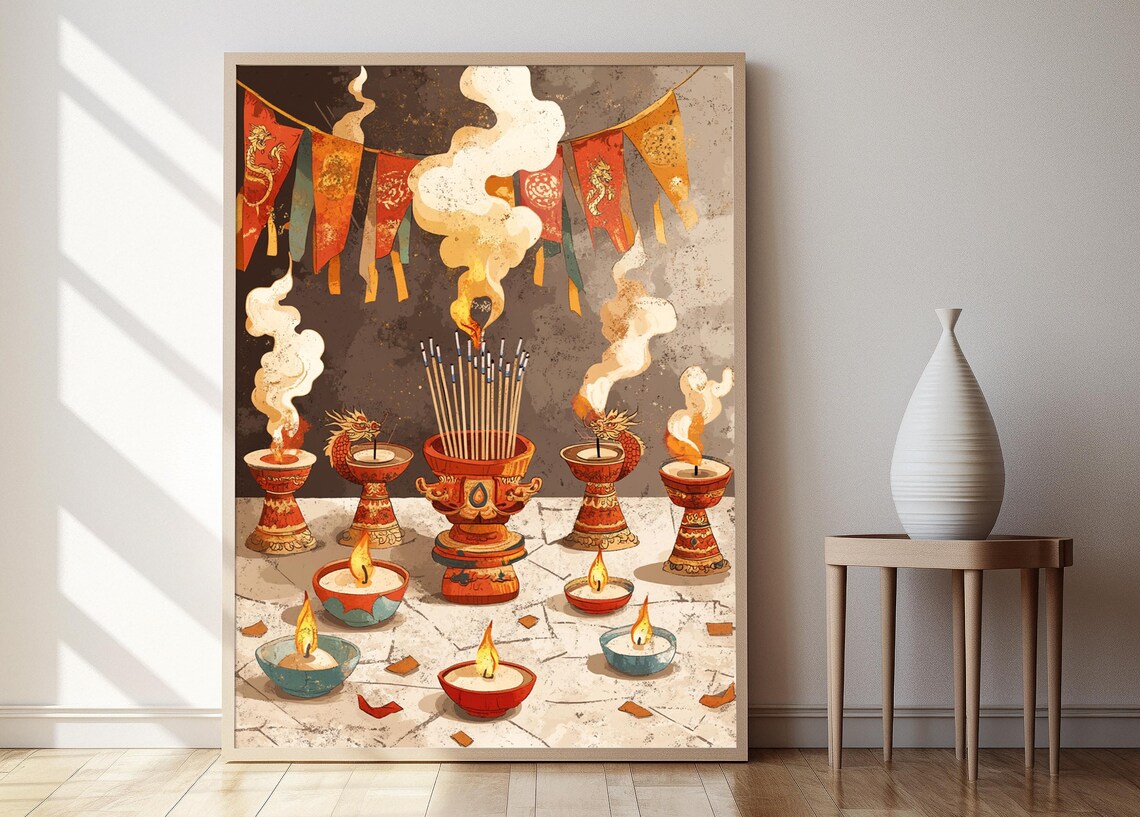 Tibetan Dragon Incense Holder Illustration Folklore Wooden Ornament Art Print