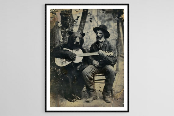 Bear Playing Guitar, Whimsical Victorian Art Print