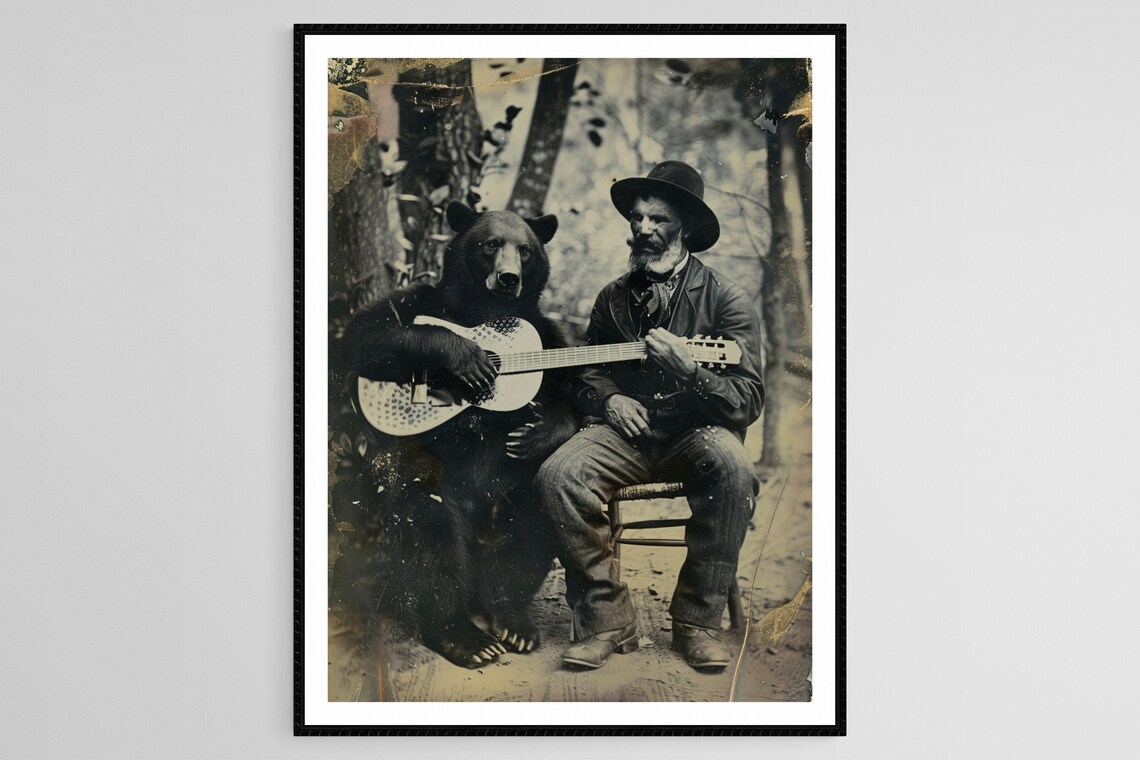 Bear Playing Guitar, Whimsical Victorian Art Print