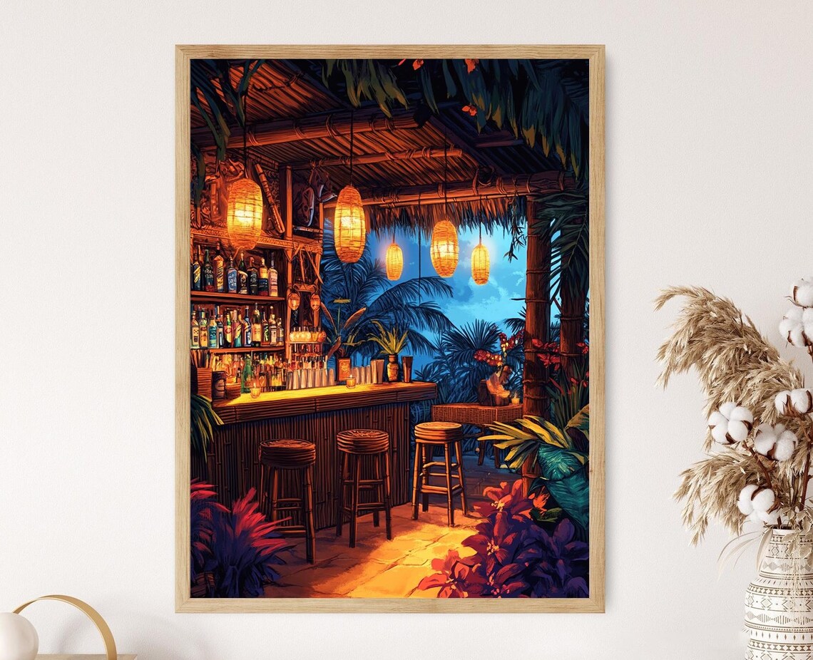 Hawaiian Tiki Bar Interior, Tropical Cocktail Art Print