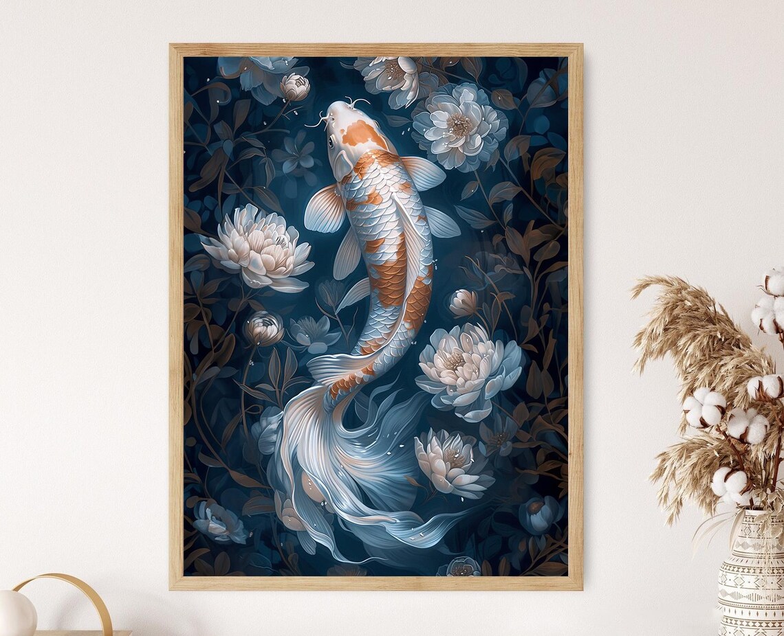 Koi Fish Japanese Art Print, Hand-Painted Style