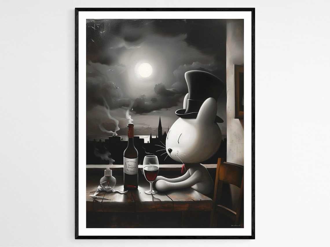 White Cat in Top Hat Sipping Wine Under a Moonlit Sky Poster