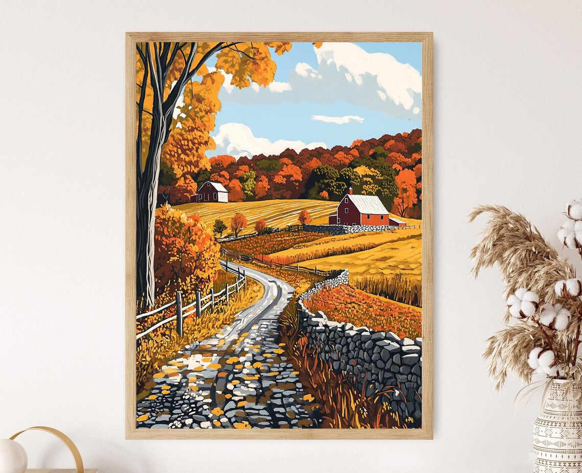 Connecticut Autumn Landscape, Fall Foliage Illustration