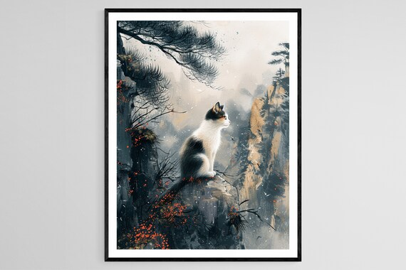Calico Cat Sitting Alone on Misty Mountain Pine Cliff Poster