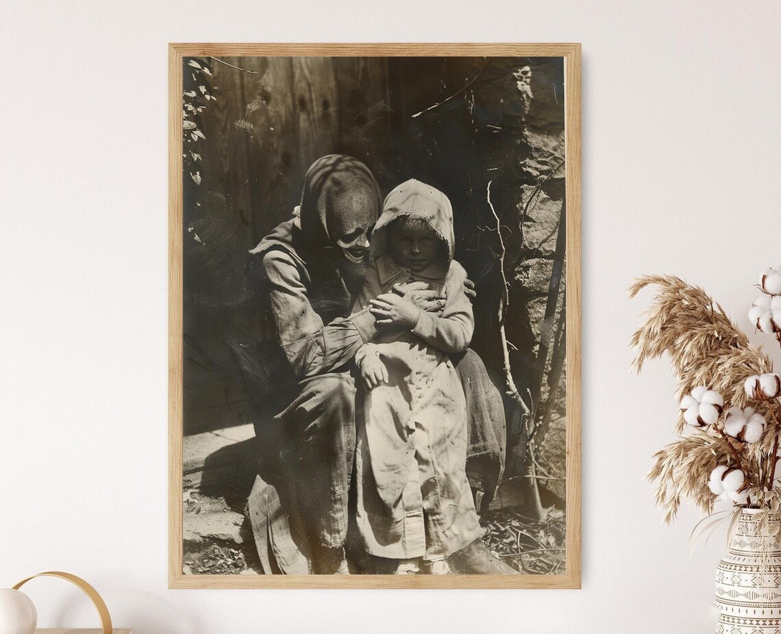 Vintage Horror Sepia Photo of Ghostly Figure Holding a Child Poster