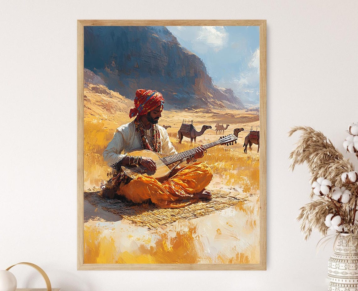 Indian Sarangi Player In Desert Landscape Art Print Traditional Music Decor