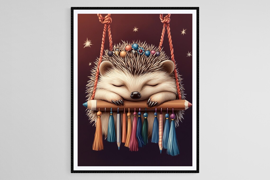 Sleeping Hedgehog Resting On Pencil Swing Starry Night Art Poster