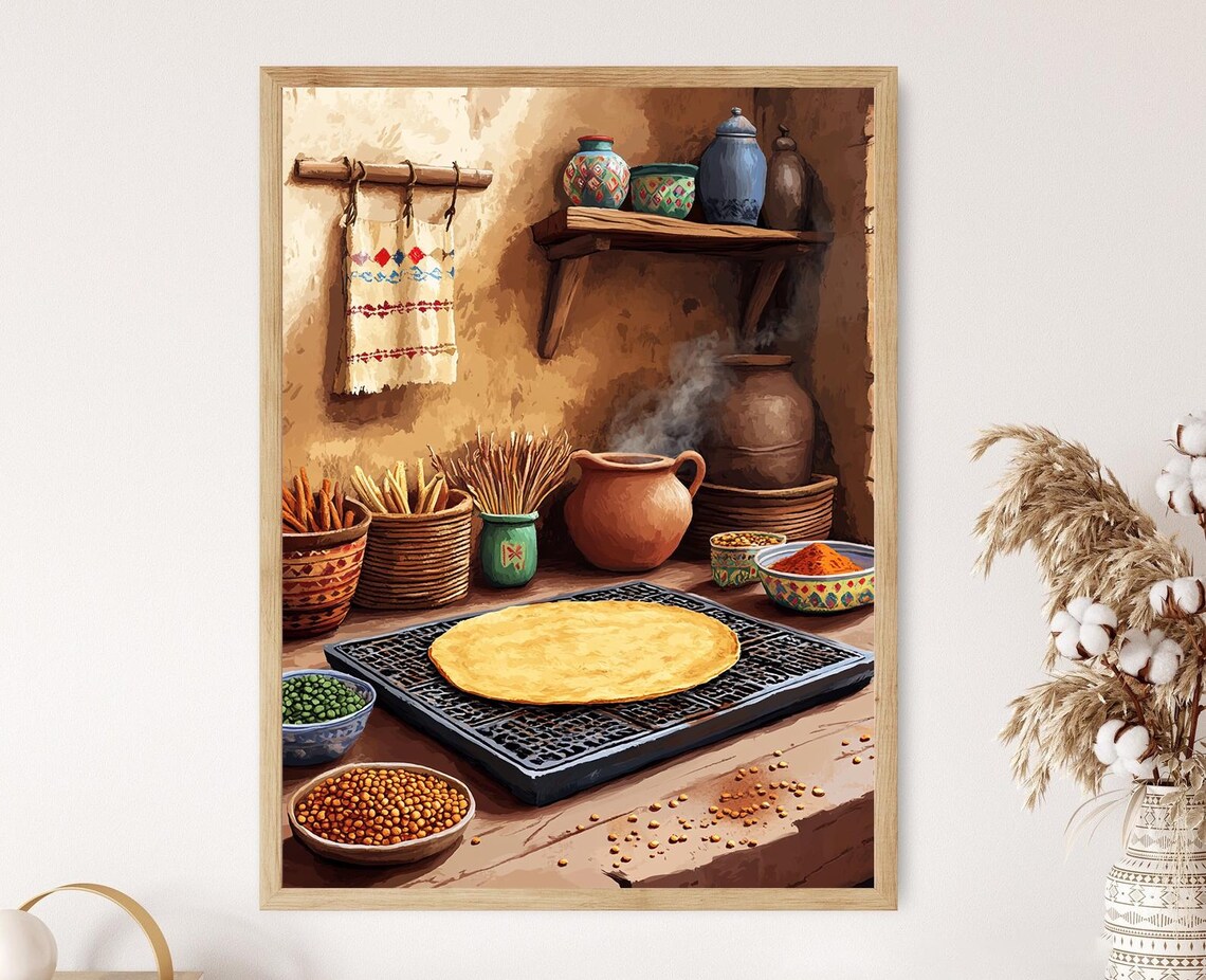 Eritrean Rustic Kitchen Art Print Traditional Injera Cooking African Home Decor
