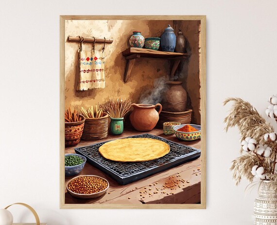 Eritrean Rustic Kitchen Art Print Traditional Injera Cooking African Home Decor