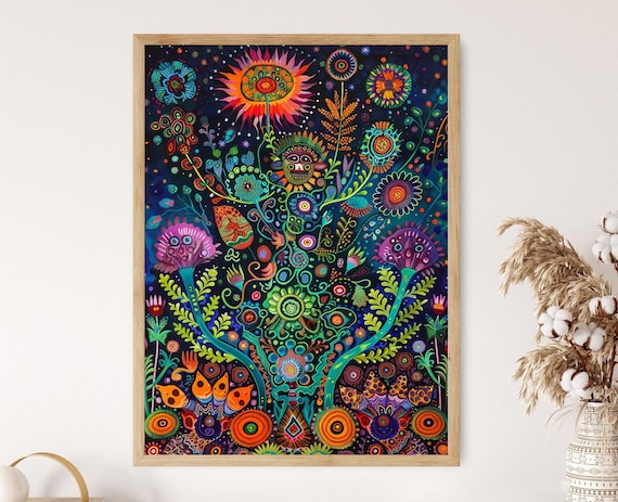 Huichol Tribal Art Print, Mexican Heritage Decor