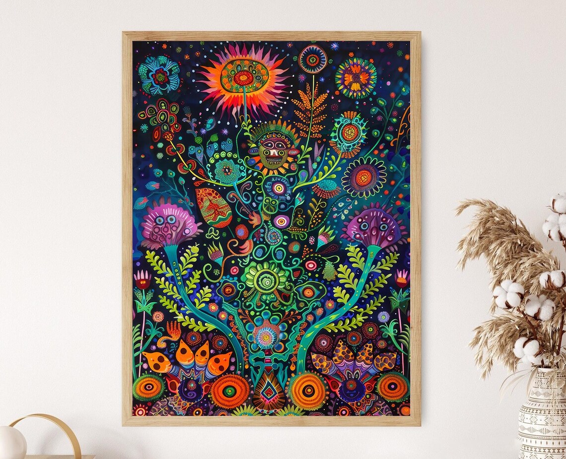 Huichol Tribal Art Print, Mexican Heritage Decor