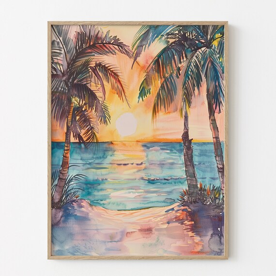 Tropical Beach Sunset Palm Trees Watercolor Ocean View Wall Art