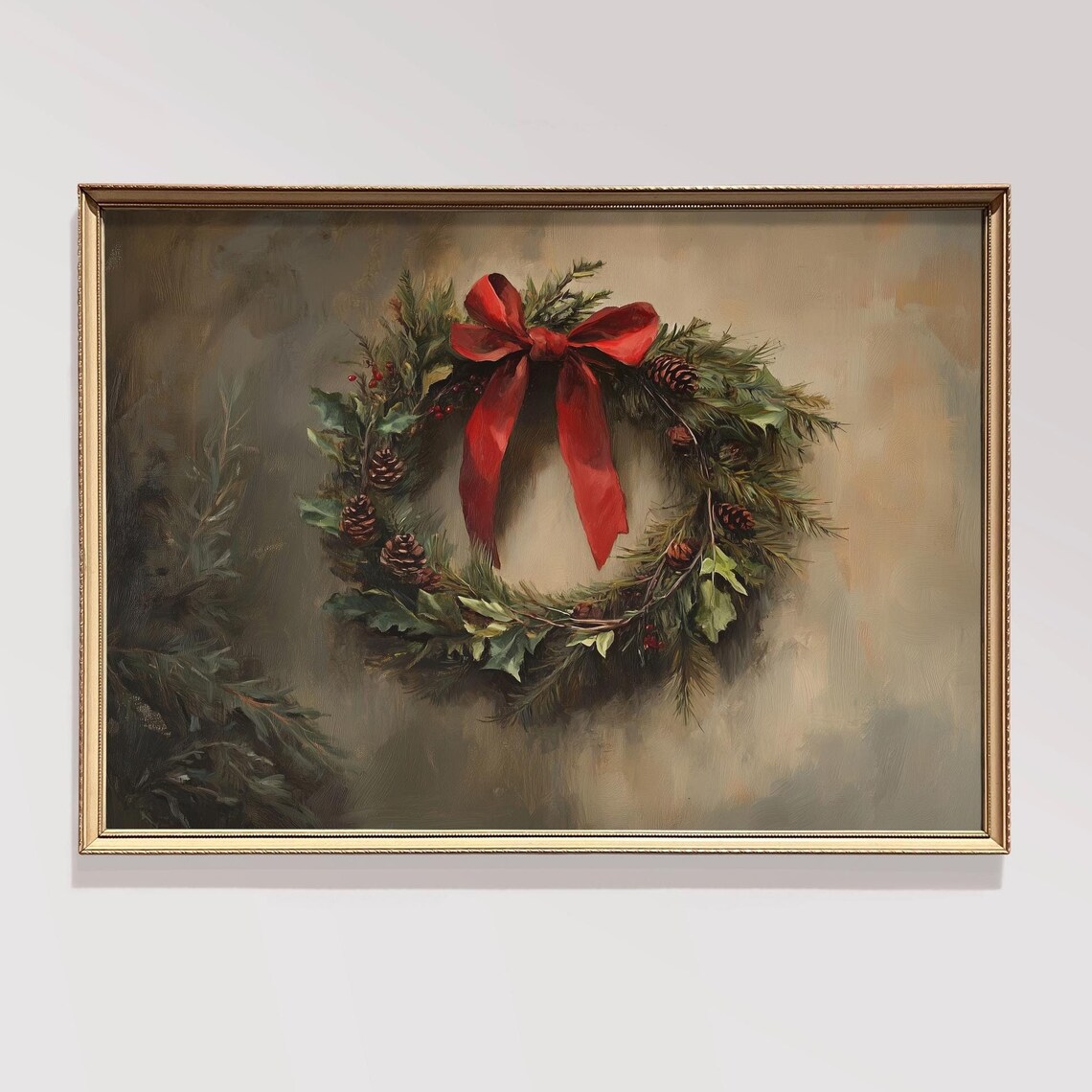 Christmas Wreath Red Bow Holly Pinecones Classic Holiday Wall Art