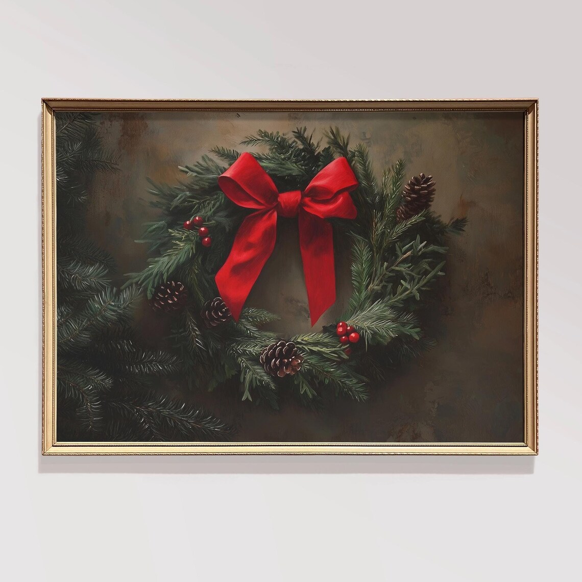 Christmas Wreath, Vintage Holiday Front Door Art Print
