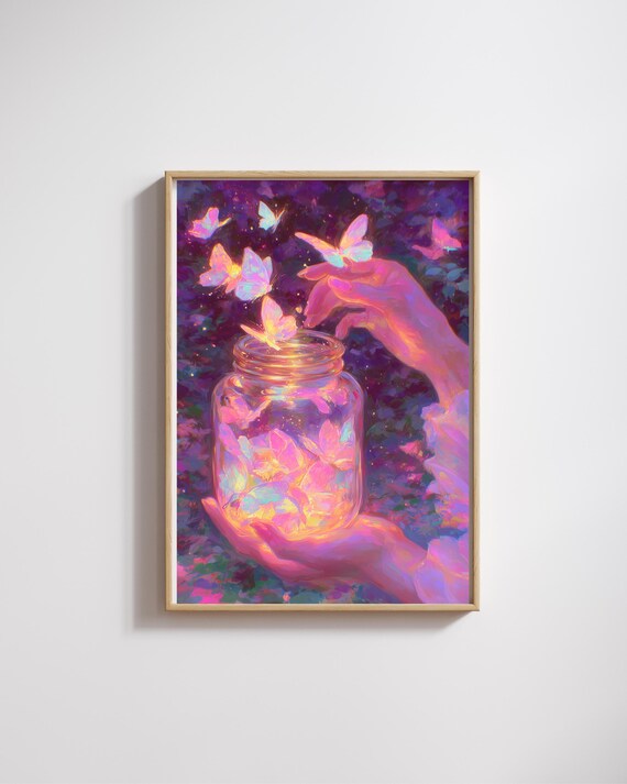 Jar Of Magical Butterflies Wall Artwhimsical Home Decor For Magic Soulsdreamy Print In Vibrant Purple