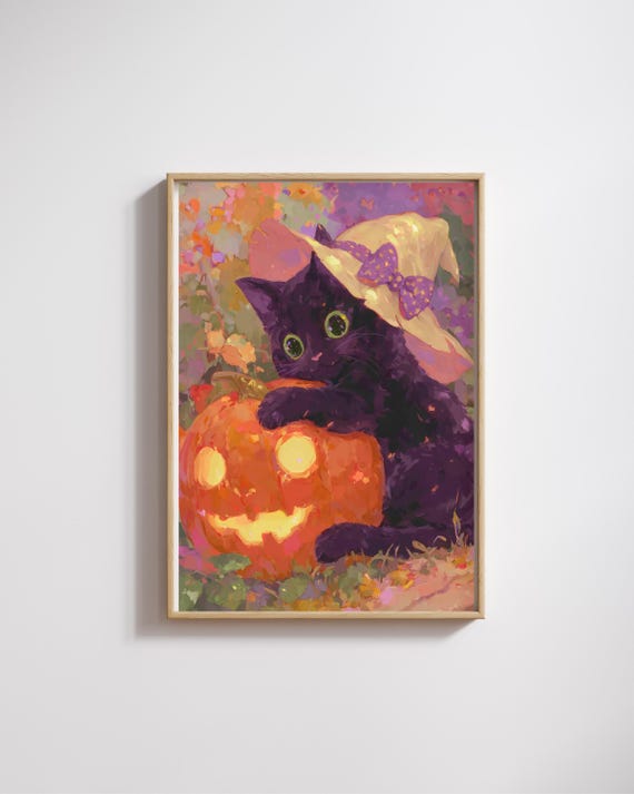 Black Cat In Witch Hat With Pumpkin Paintinghalloween Printcozy Autumn Decorgift For Lovers And Halloween Fans