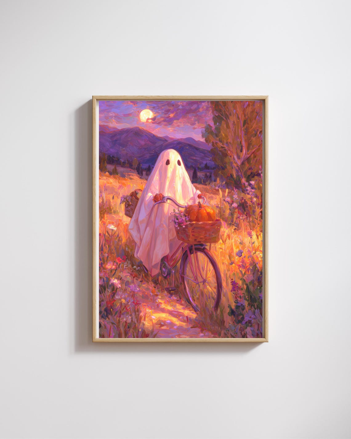 Cute Ghost Riding Bicycle With Pumpkin In Autumn Night Poster