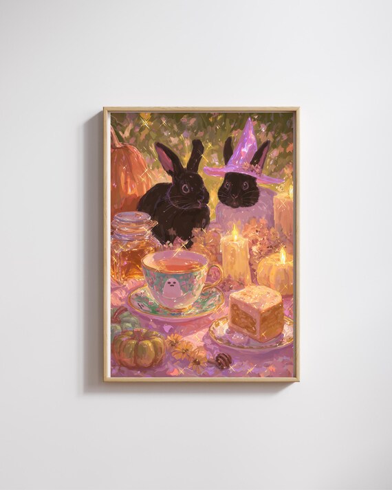 Cozy Bunny Art Princute Witch Rabbits With Tea And Pumpkinscozy Autumn Wall Artcozy Magical Decor
