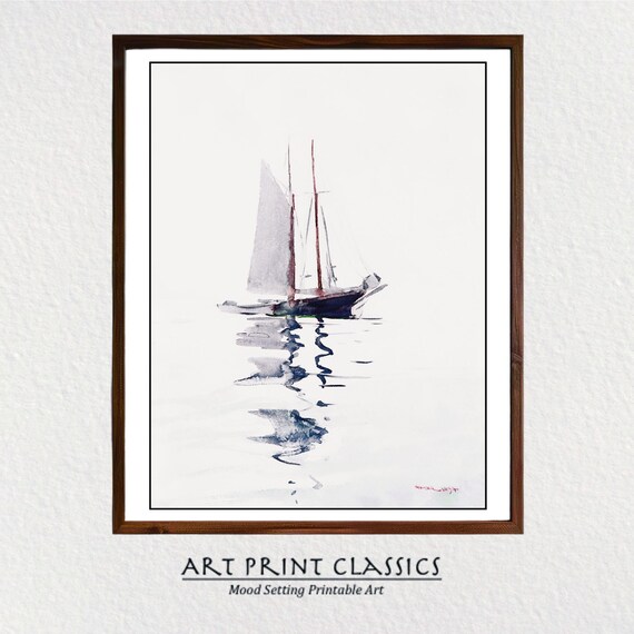 Minimalist Two Masted Schooner Watercolor Painting Sailboat Reflection Zen Art Poster