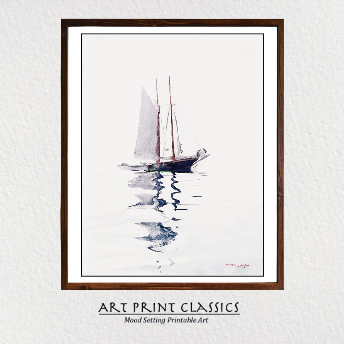 Minimalist Two Masted Schooner Watercolor Painting Sailboat Reflection Zen Art Poster
