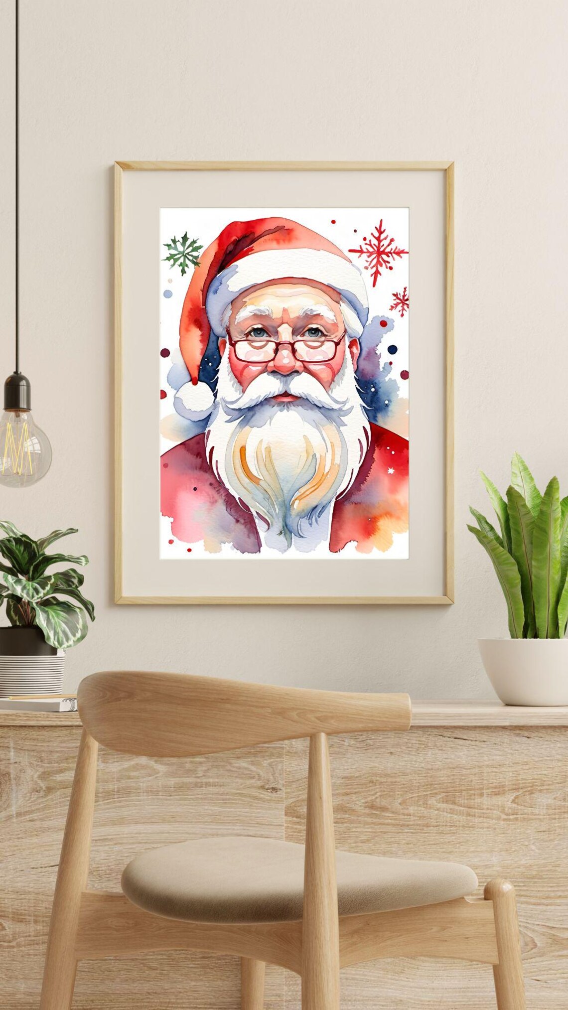 Santa Claus Watercolor Portrait Red Suit Snowflake Christmas Wall Art - Image 3