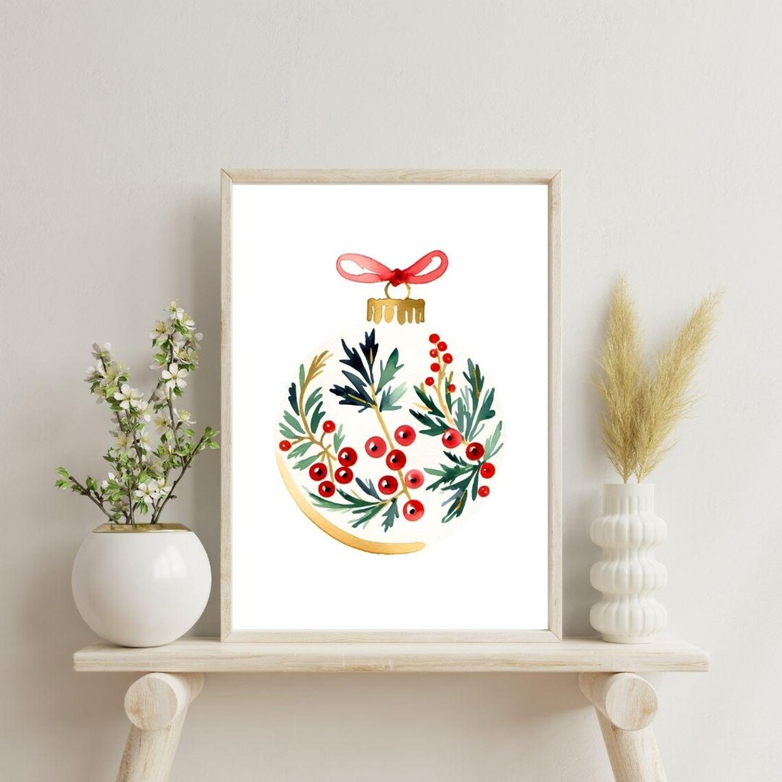 Christmas Ornament Watercolor Holly Berry Bauble Red Holiday Wall Art
