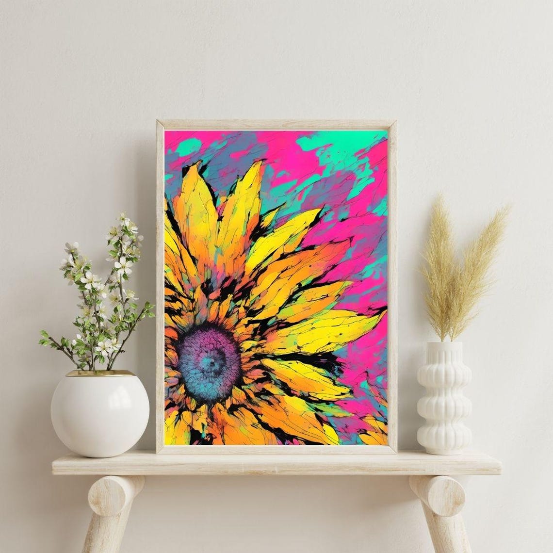 Neon Sunflower Pop Art Pink Teal Psychedelic Flower Wall Art Print