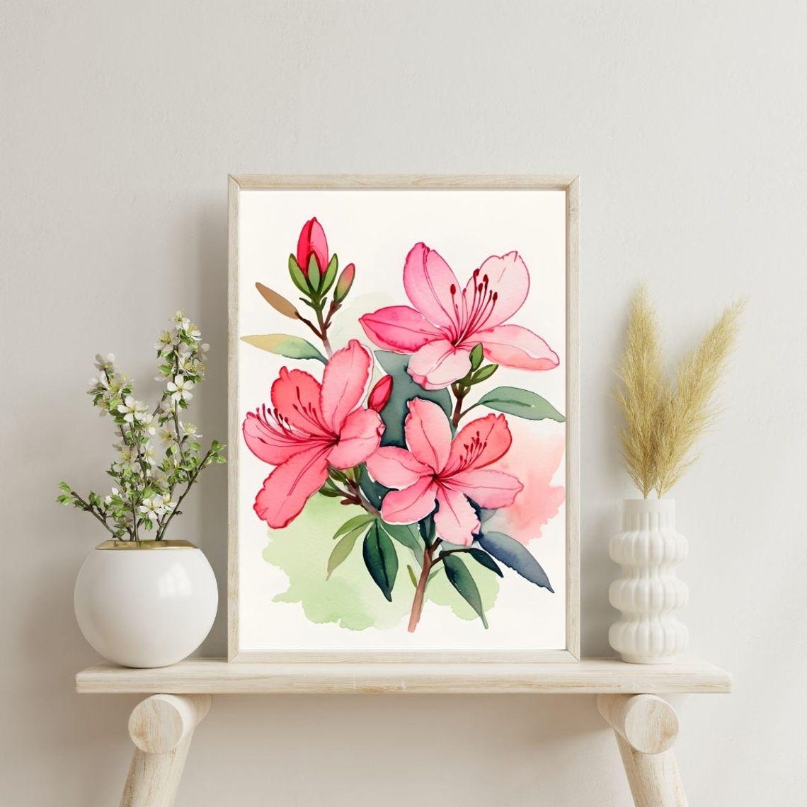 Pink Azalea Blossoms Watercolor Botanical Spring Flower Wall Art Print