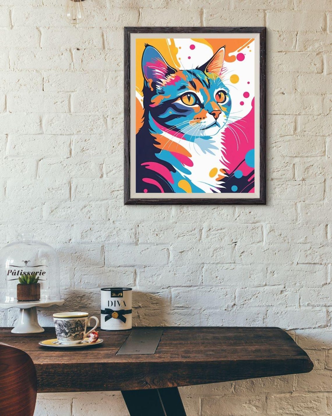Colorful Pop Art Cat Portrait Orange Blue Pink Playful Animal Wall Art - Image 2