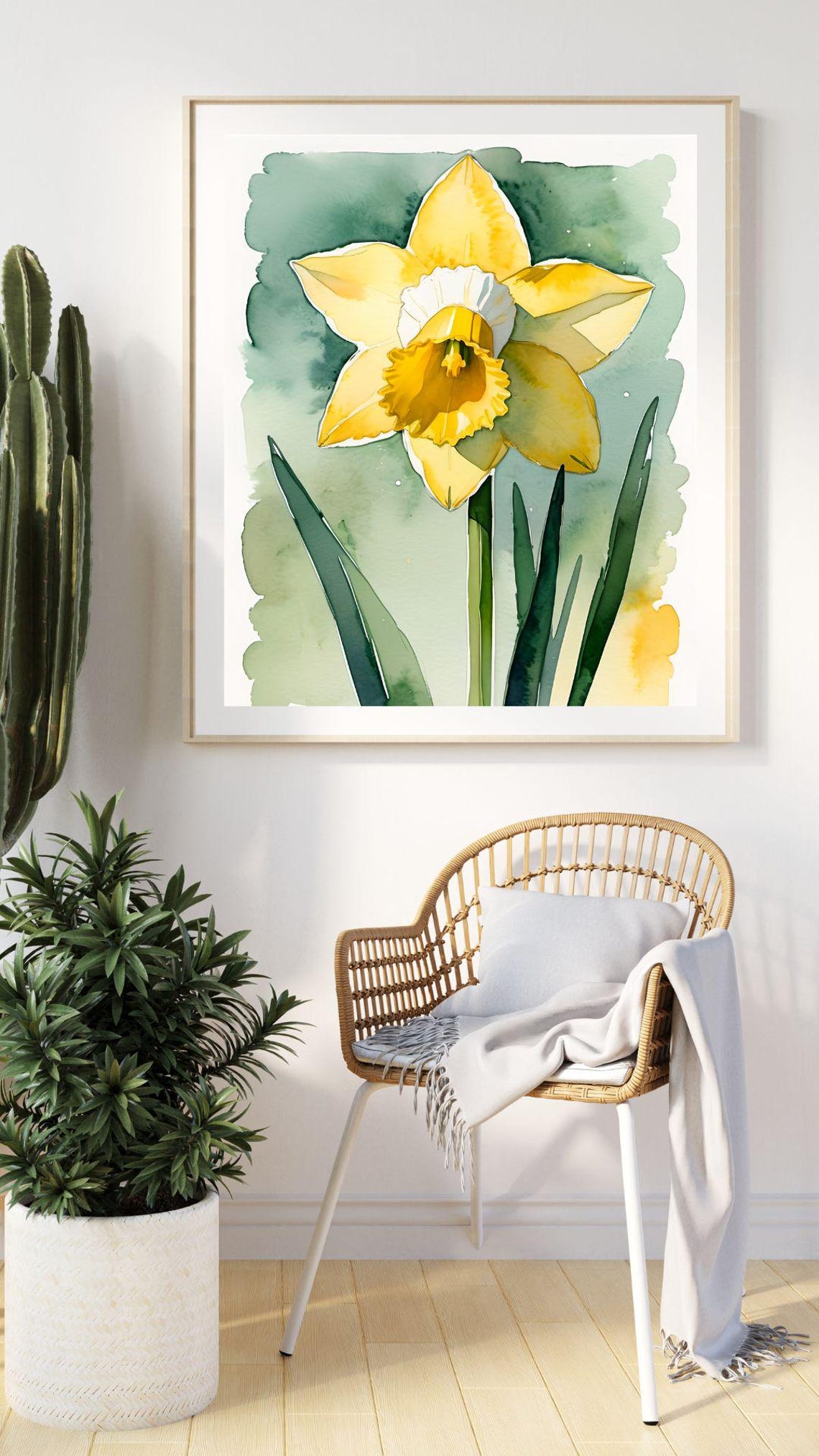Yellow Daffodil Watercolor Spring Bloom Green Botanical Wall Art Print - Image 4