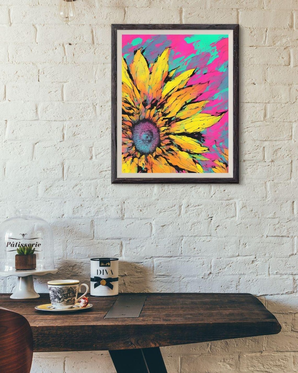 Neon Sunflower Pop Art Pink Teal Psychedelic Flower Wall Art Print - Image 2