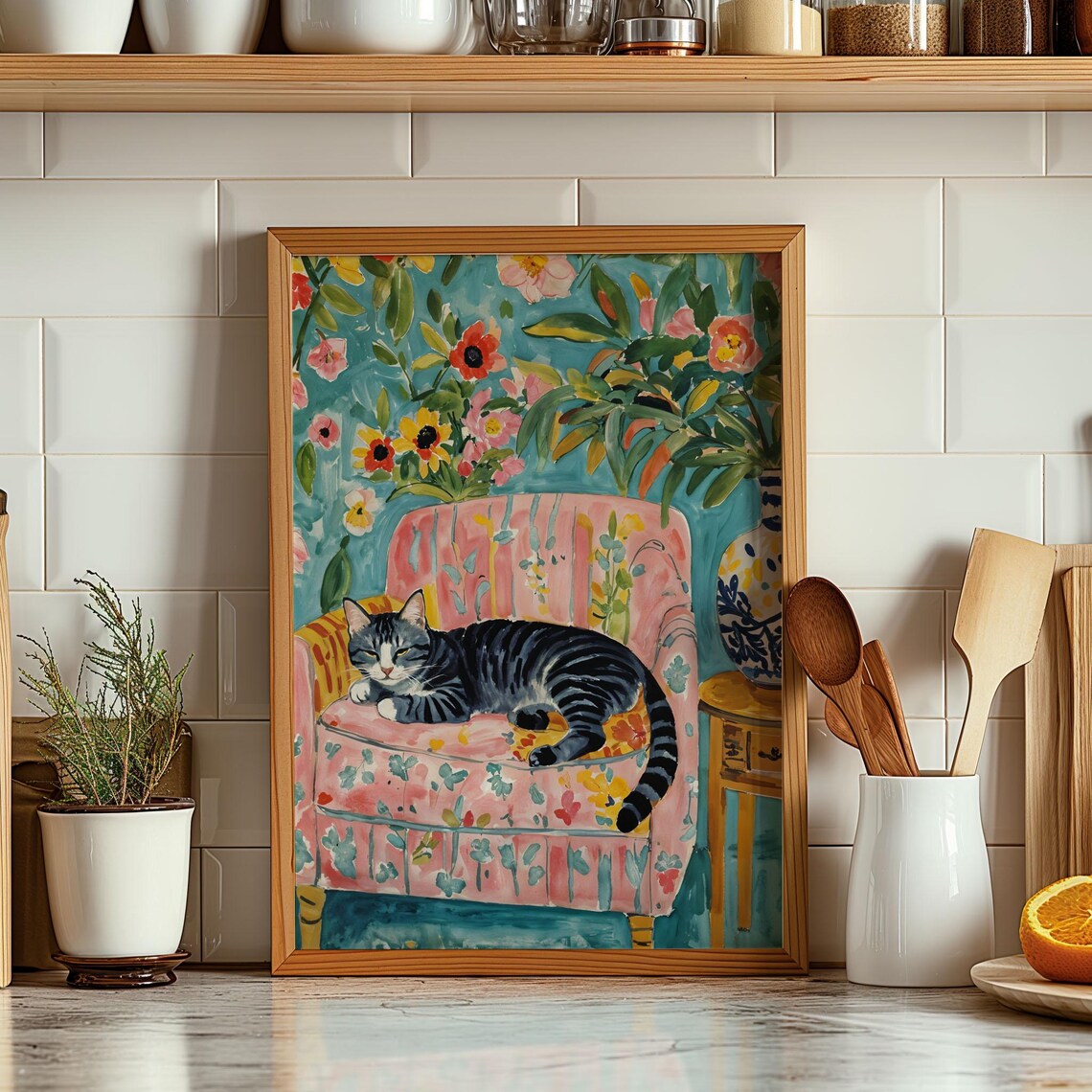 Henri Matisse Style Tabby Cat Resting On Floral Chair Art Poster - Image 3